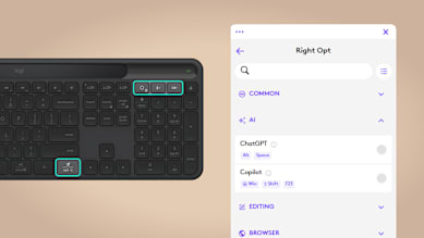 Screenshot of Logitech Signature Slim Solar+ K980 for Business wireless keyboard displaying customized shortcuts and special keys in Logi Tune